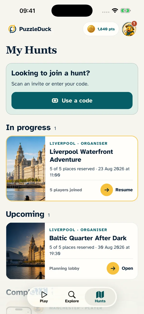 My Hunts screen with in-progress and upcoming Liverpool hunts