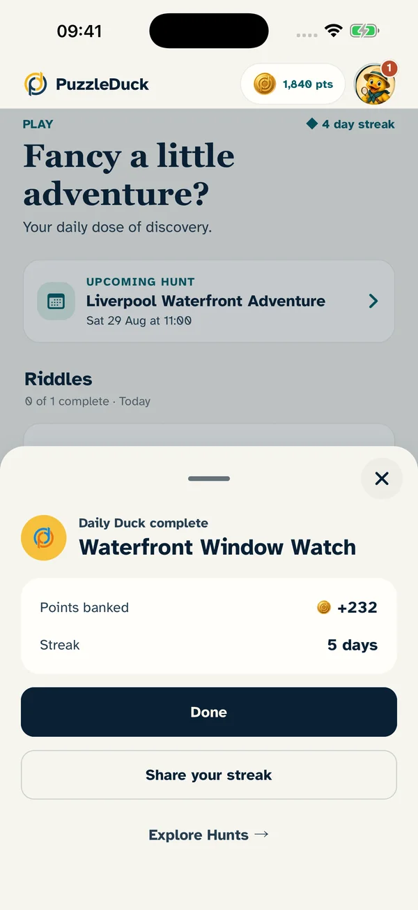 Completed daily puzzle showing points earned and a five-day streak