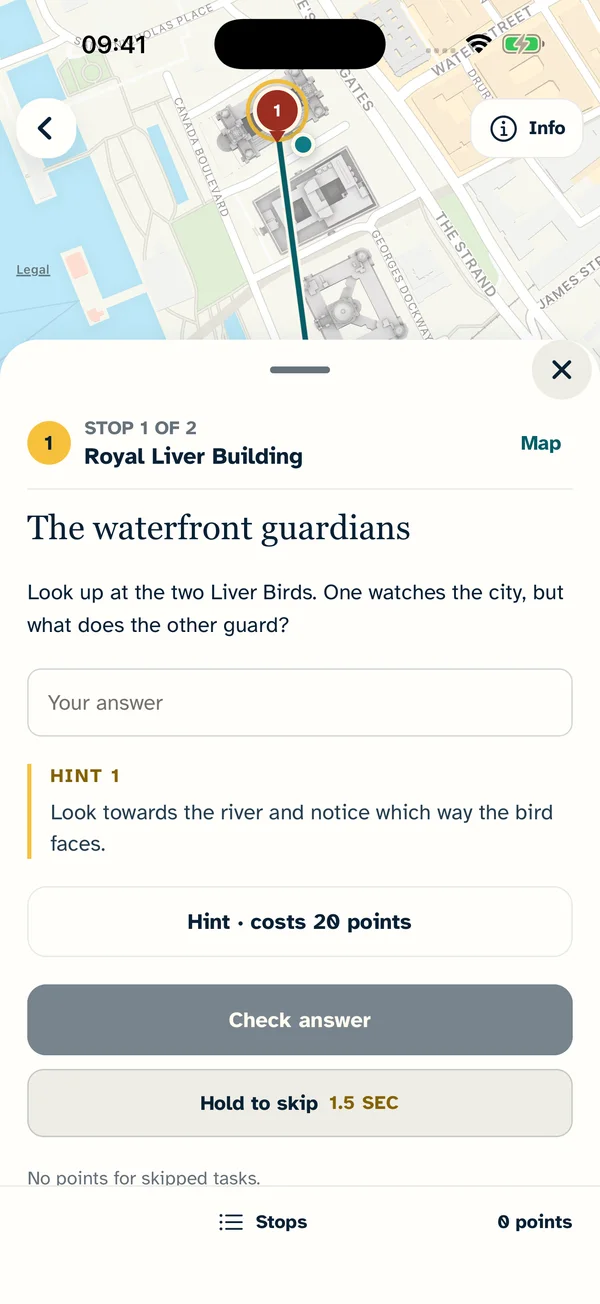 Live waterfront hunt with a hint revealed beneath the Liver Birds clue
