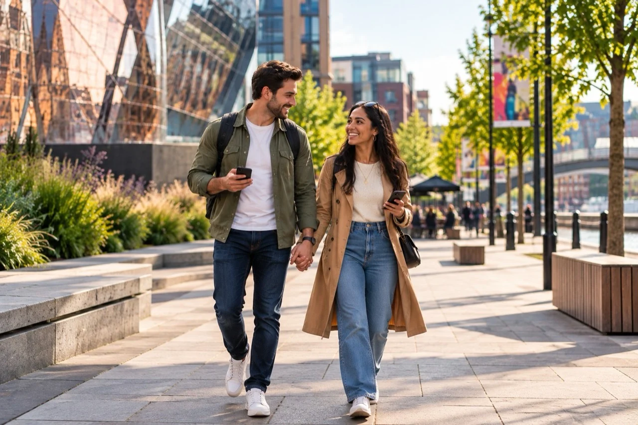 A couple holding hands and exploring a city with their phones