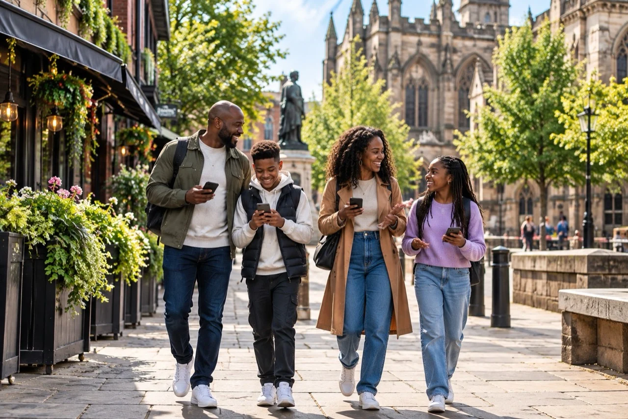 A family of four exploring a city together with their phones