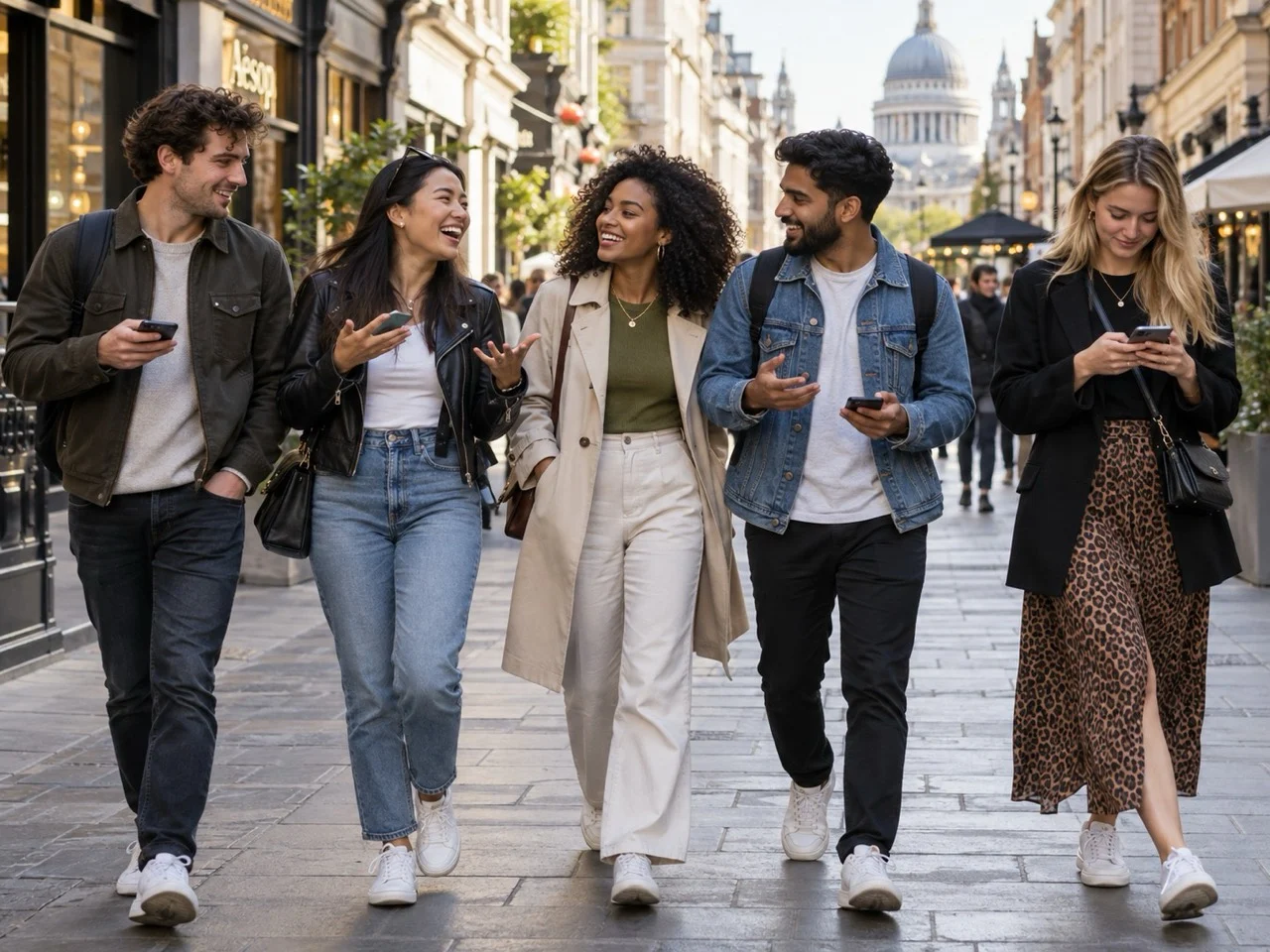 Five friends chatting and exploring a city street together