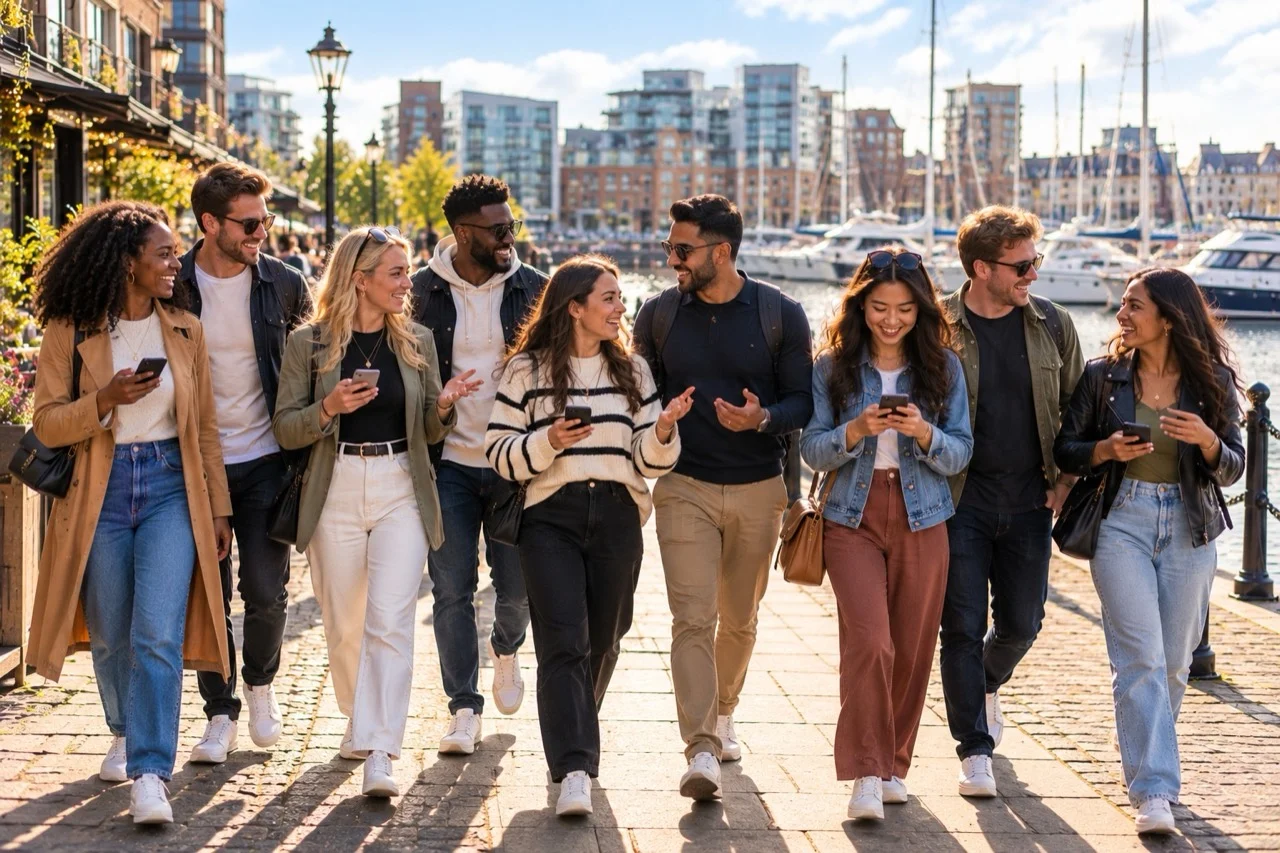 Friends chatting and exploring a waterfront together with their phones