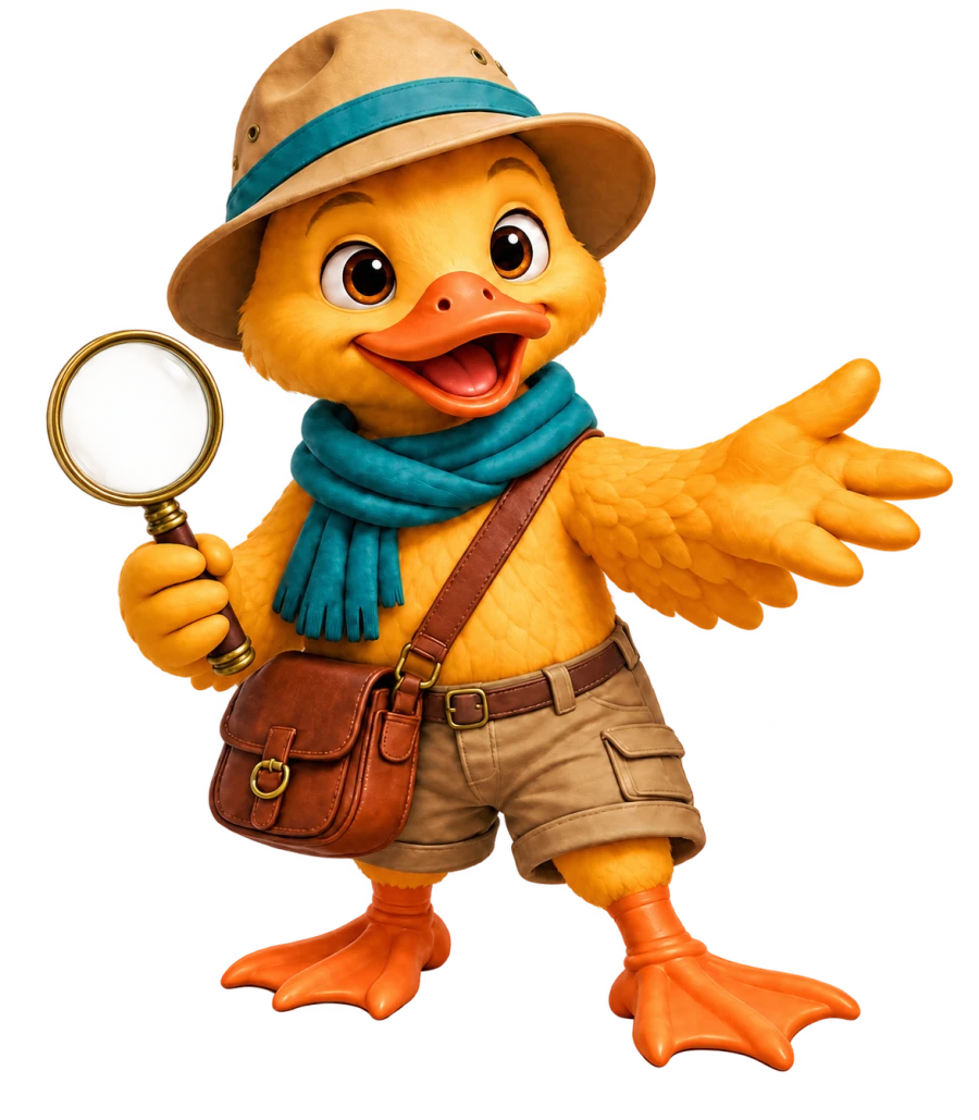 Huntley, your golden duck guide, ready to explore with a magnifying glass