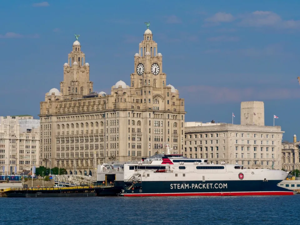 The Royal Liver Building and ferry on Liverpool’s waterfront