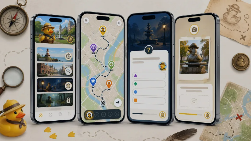 PuzzleDuck app screens showing a hunt map, clue, and photo task
