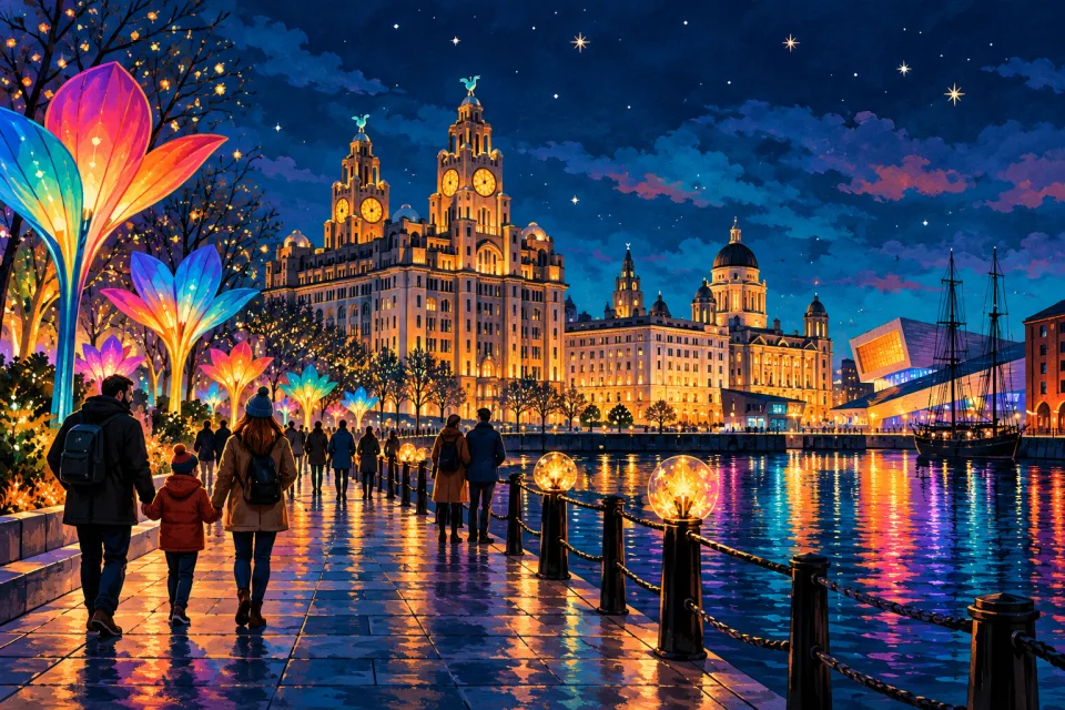 Illustration of Liverpool’s waterfront at night, with glowing flower-shaped lights, golden reflections and families walking towards the Royal Liver Building.